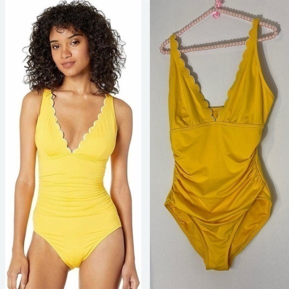 Kate Spade yellow and white scalloped 1 piece swimsuit - Picture 1 of 16